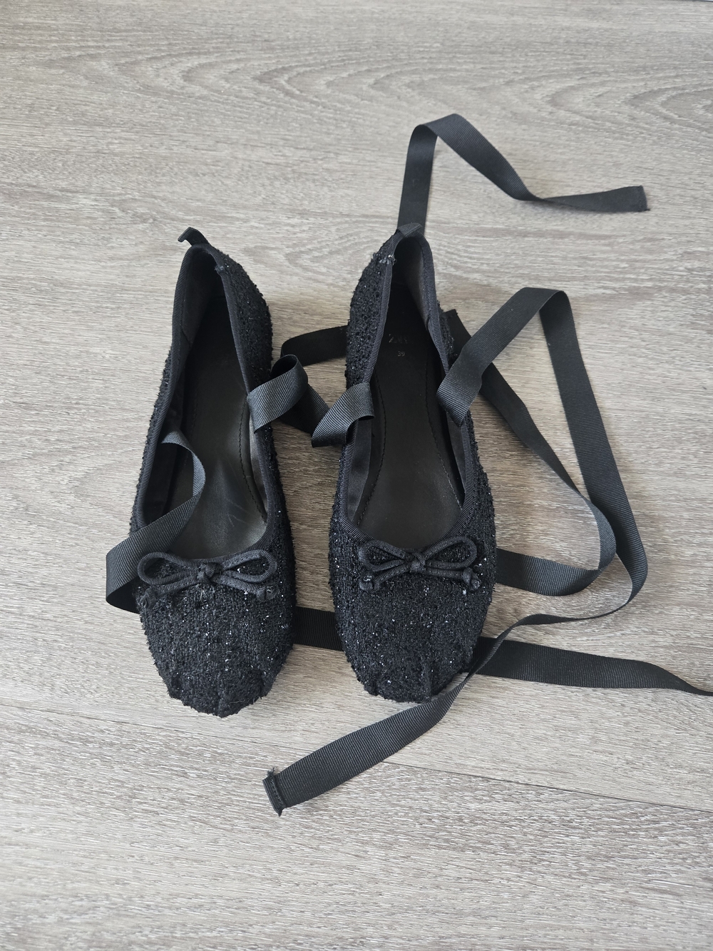 ​ZARA Black Sparkle Tweed Lace-Up Ballet Flats Ribbon Tie Size 39
